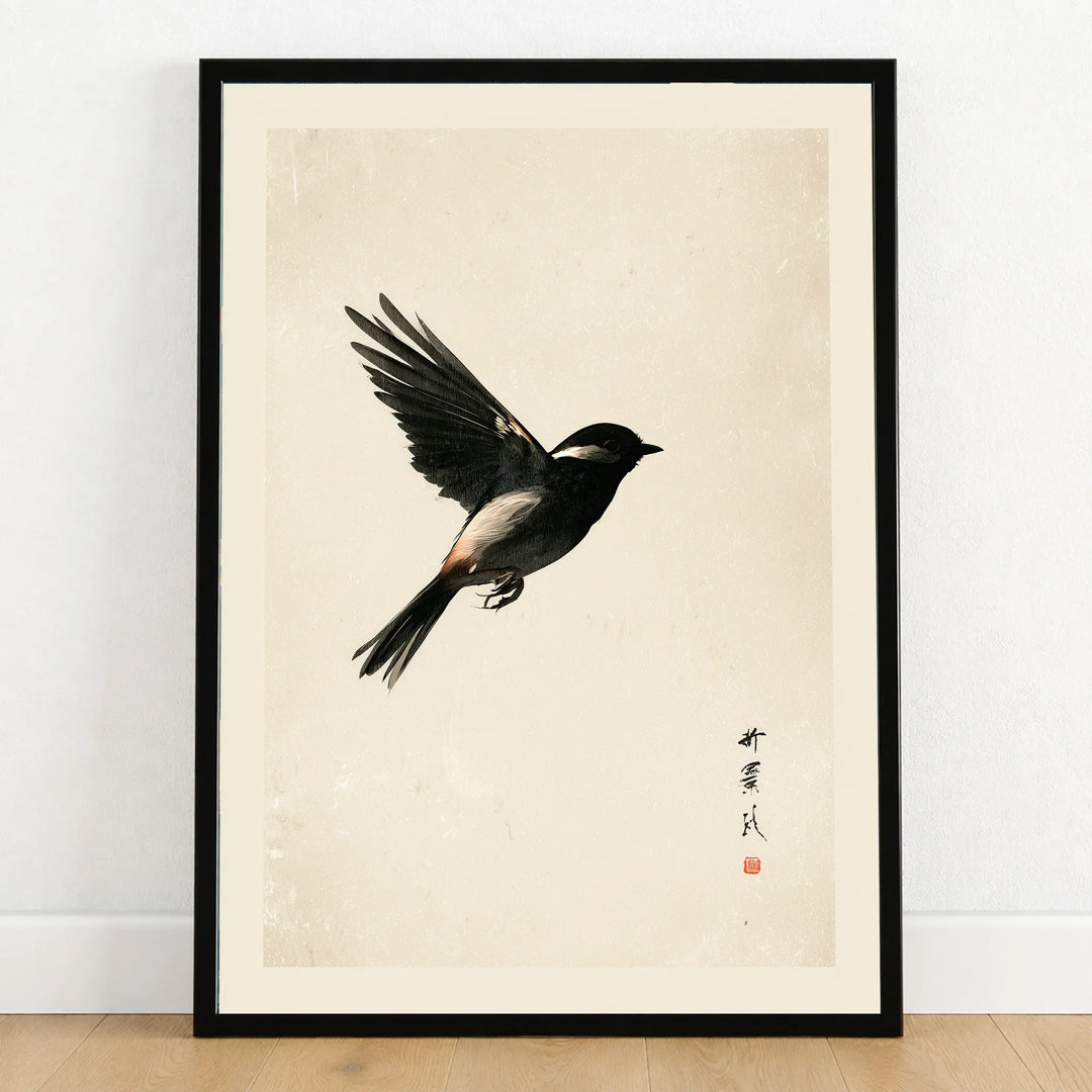 Japanese Bird Print – Minimal Vintage Japan Wall Art — art print in black frame on wooden floor