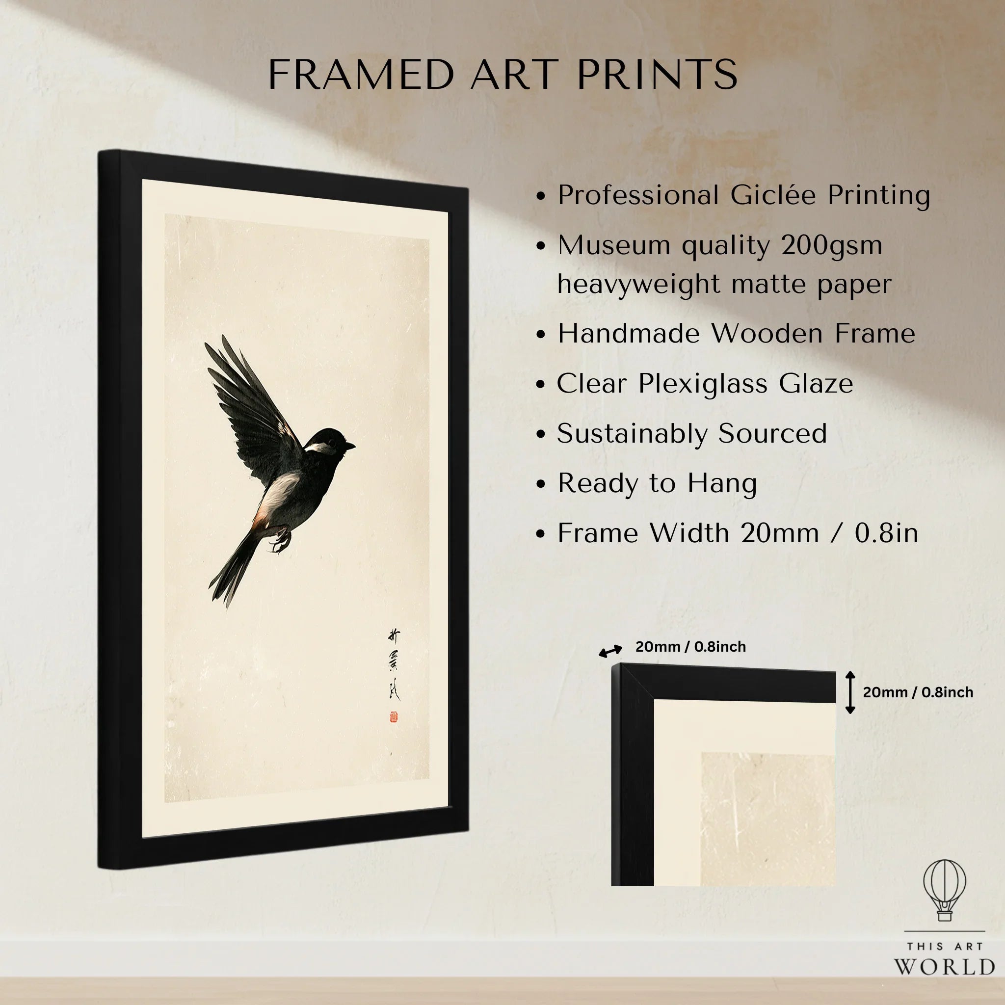 Japanese Bird Print – Minimal Vintage Japan Wall Art — framed print details measurements quality details
