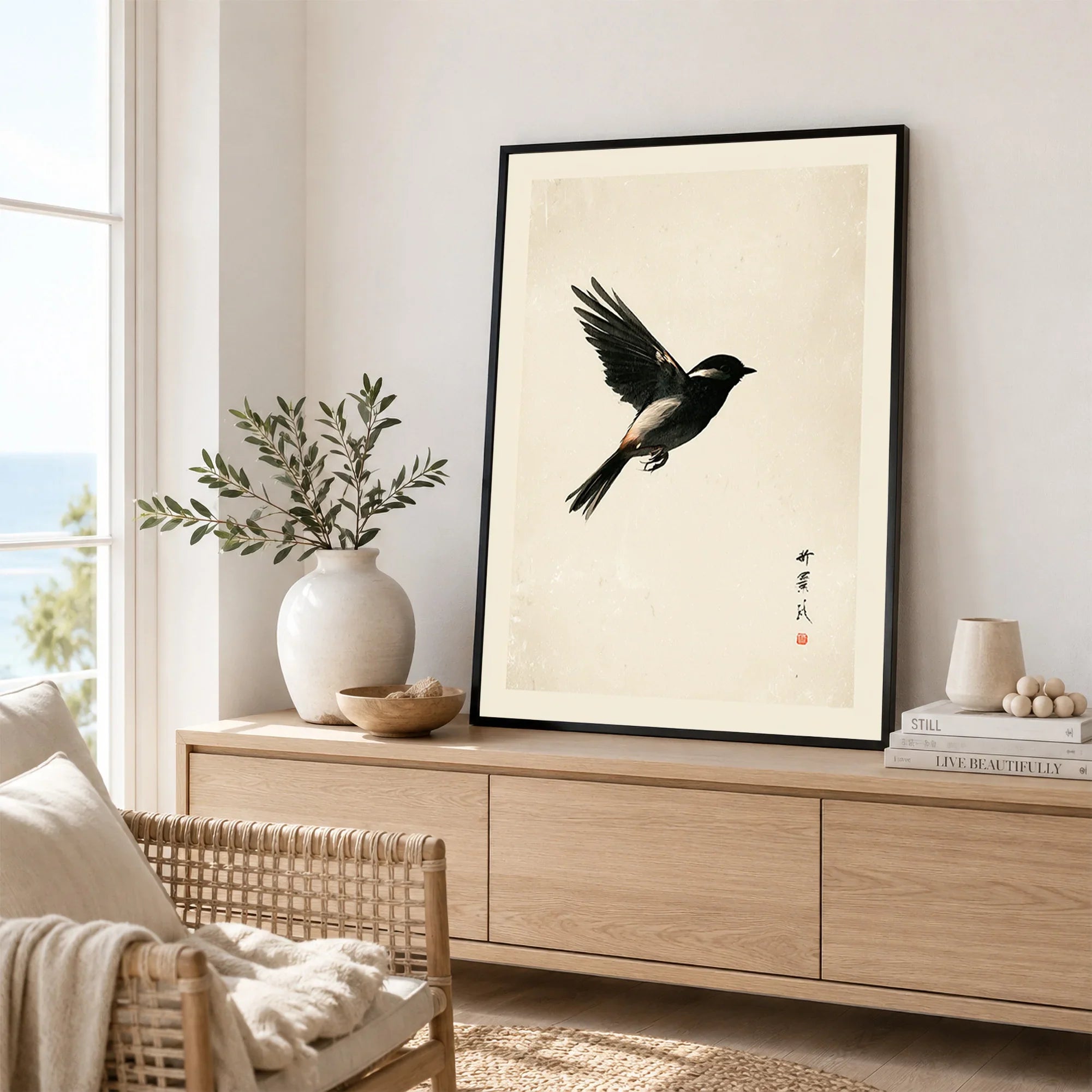 Japanese Bird Print – Minimal Vintage Japan Wall Art — framed artwork living room lifestyle setting