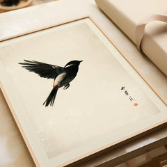 Japanese Bird Print – Minimal Vintage Japan Wall Art — framed art print closeup gift unwrapped natural frame