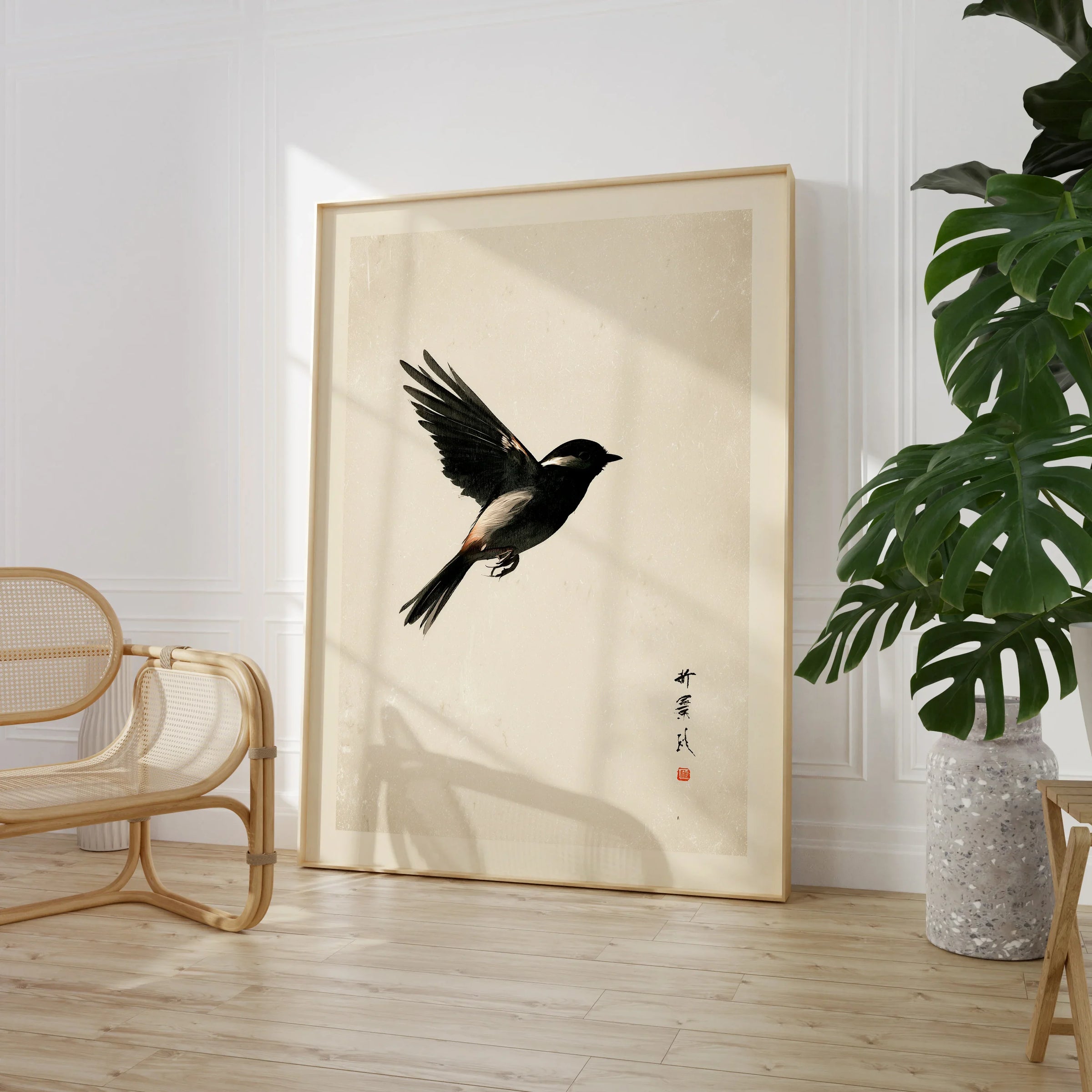 Japanese Bird Print – Minimal Vintage Japan Wall Art — large framed print room setting chair plant