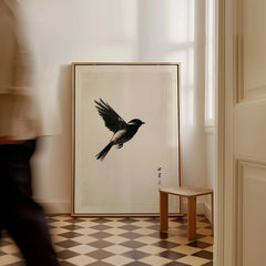 Japanese Bird Print – Minimal Vintage Japan Wall Art — framed canvas on floor man walking past