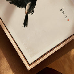 Japanese Bird Print – Minimal Vintage Japan Wall Art — closeup framed canvas natural wood floating frame