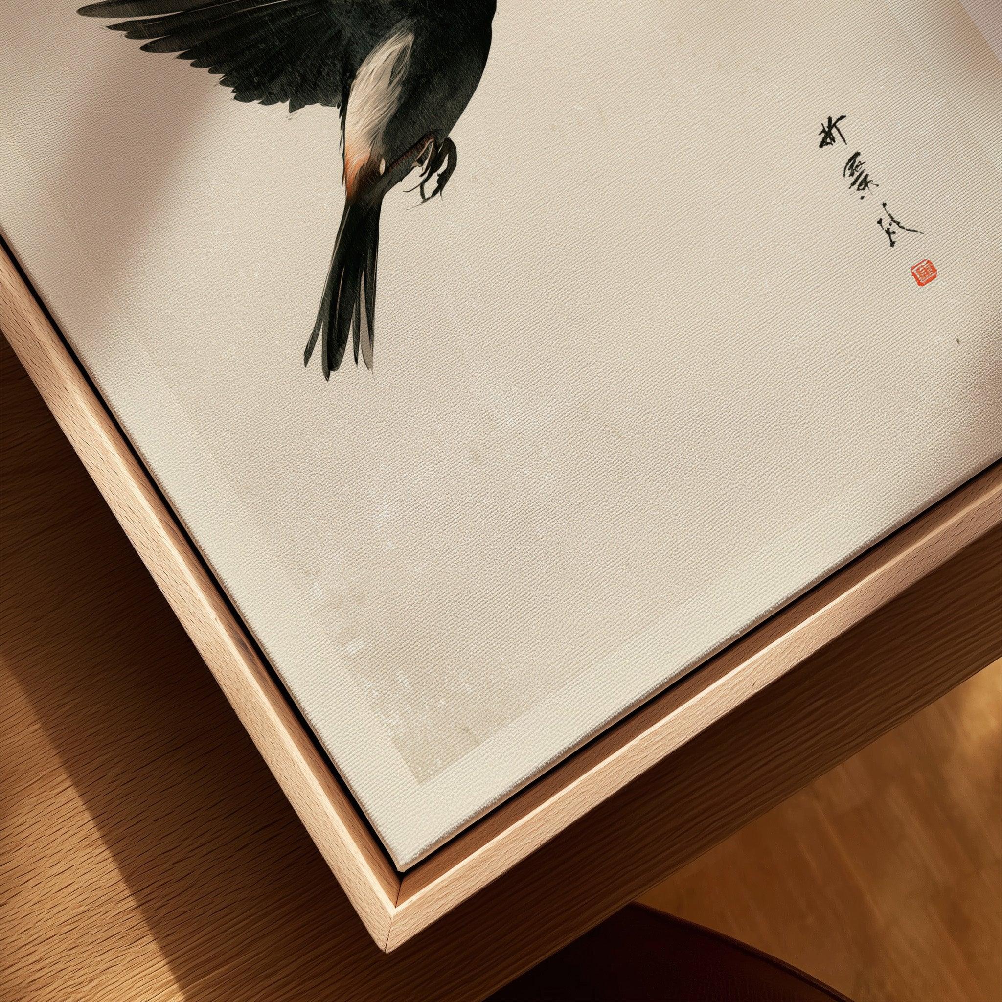 Japanese Bird Print – Minimal Vintage Japan Wall Art — closeup framed canvas natural wood floating frame