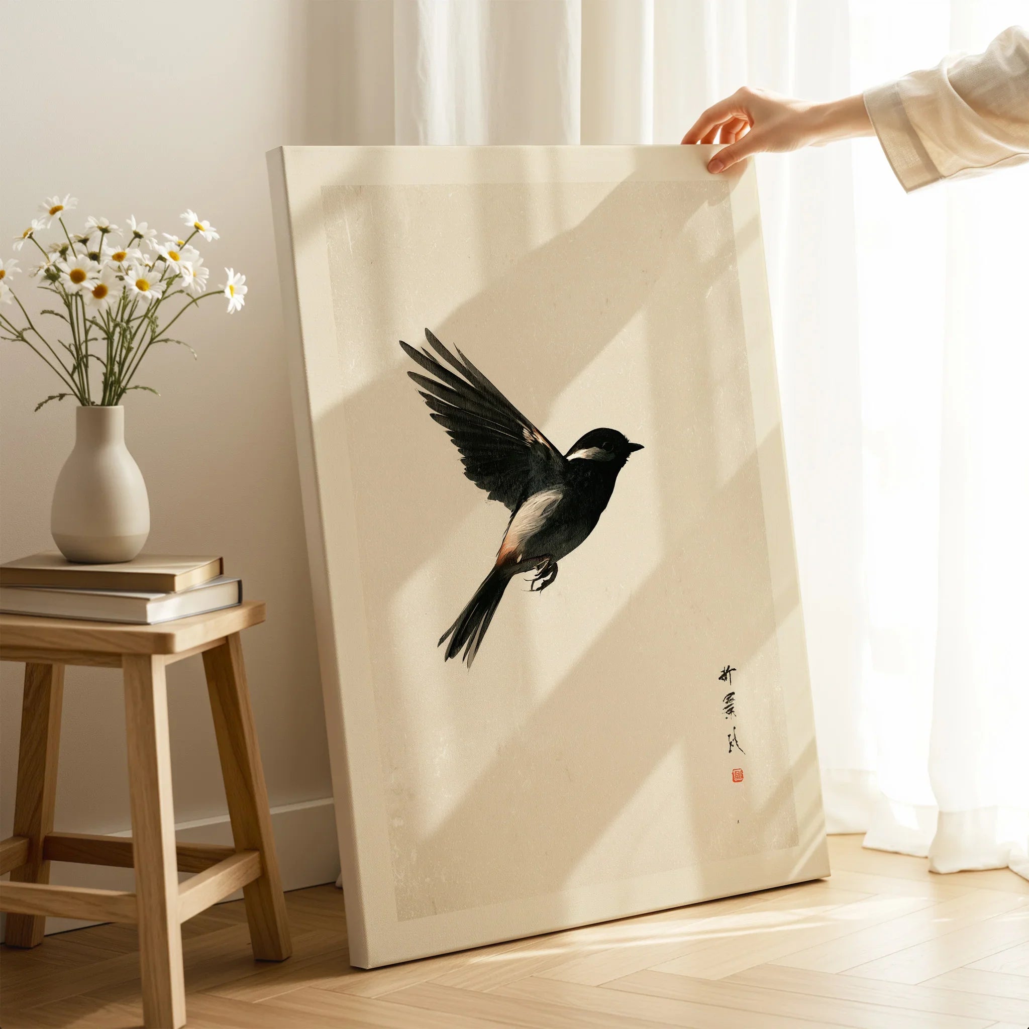 Japanese Bird Print – Minimal Vintage Japan Wall Art — canvas print mirror edge hand holding room setting
