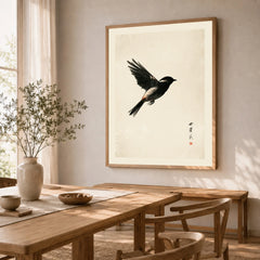 Japanese Bird Print – Minimal Vintage Japan Wall Art — dining room framed print natural wood frame