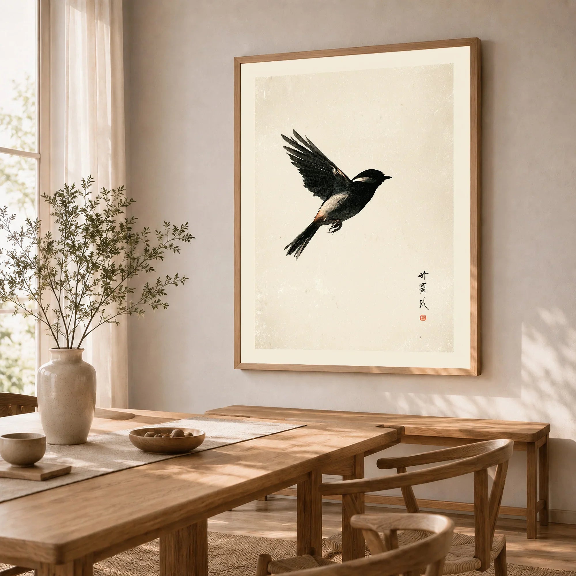 Japanese Bird Print – Minimal Vintage Japan Wall Art — dining room framed print natural wood frame