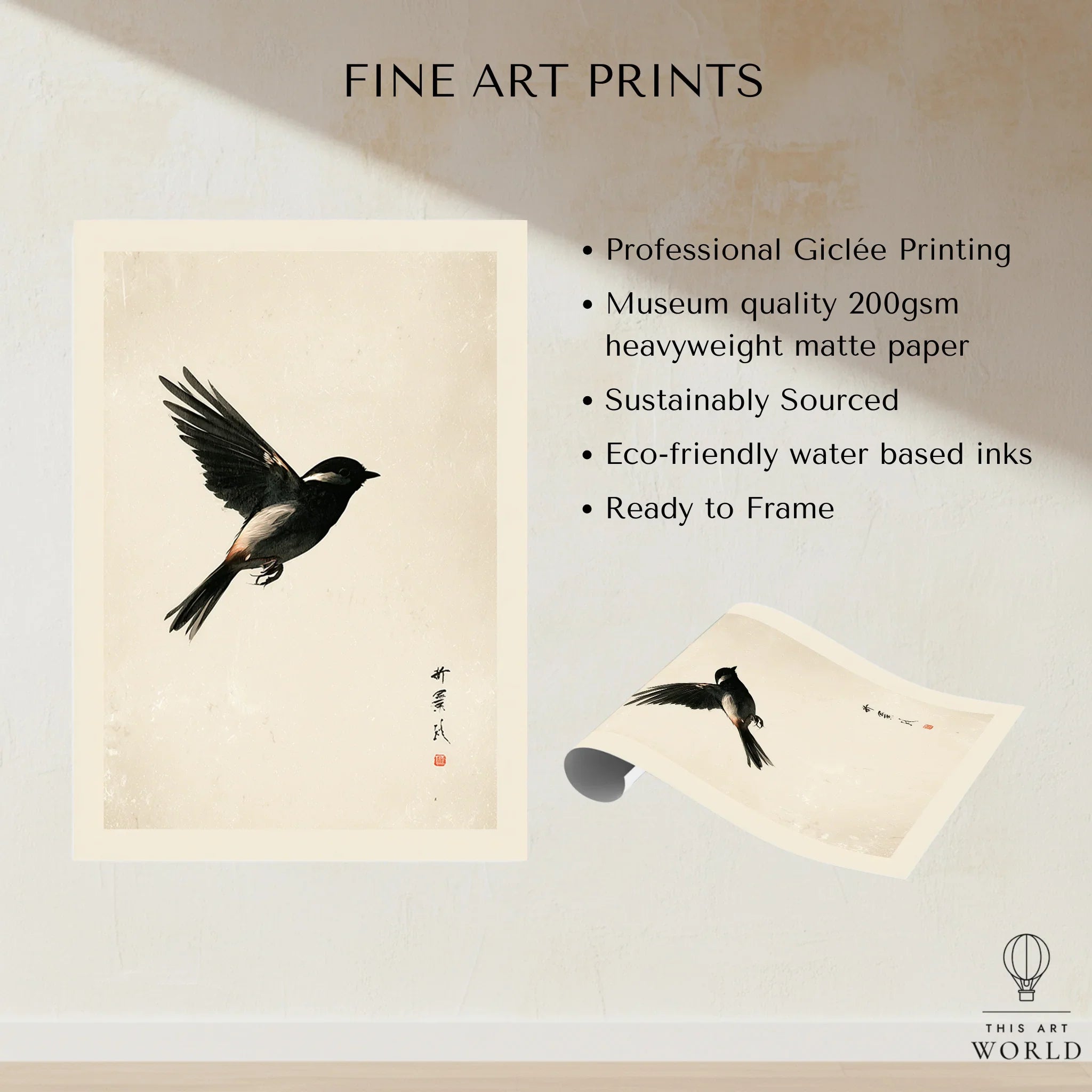 Japanese Bird Print – Minimal Vintage Japan Wall Art — fine art print unframed quality details
