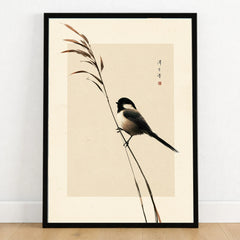 Japanese Bird Art Print – Vintage Botanical Wall Art — art print in black frame on wooden floor