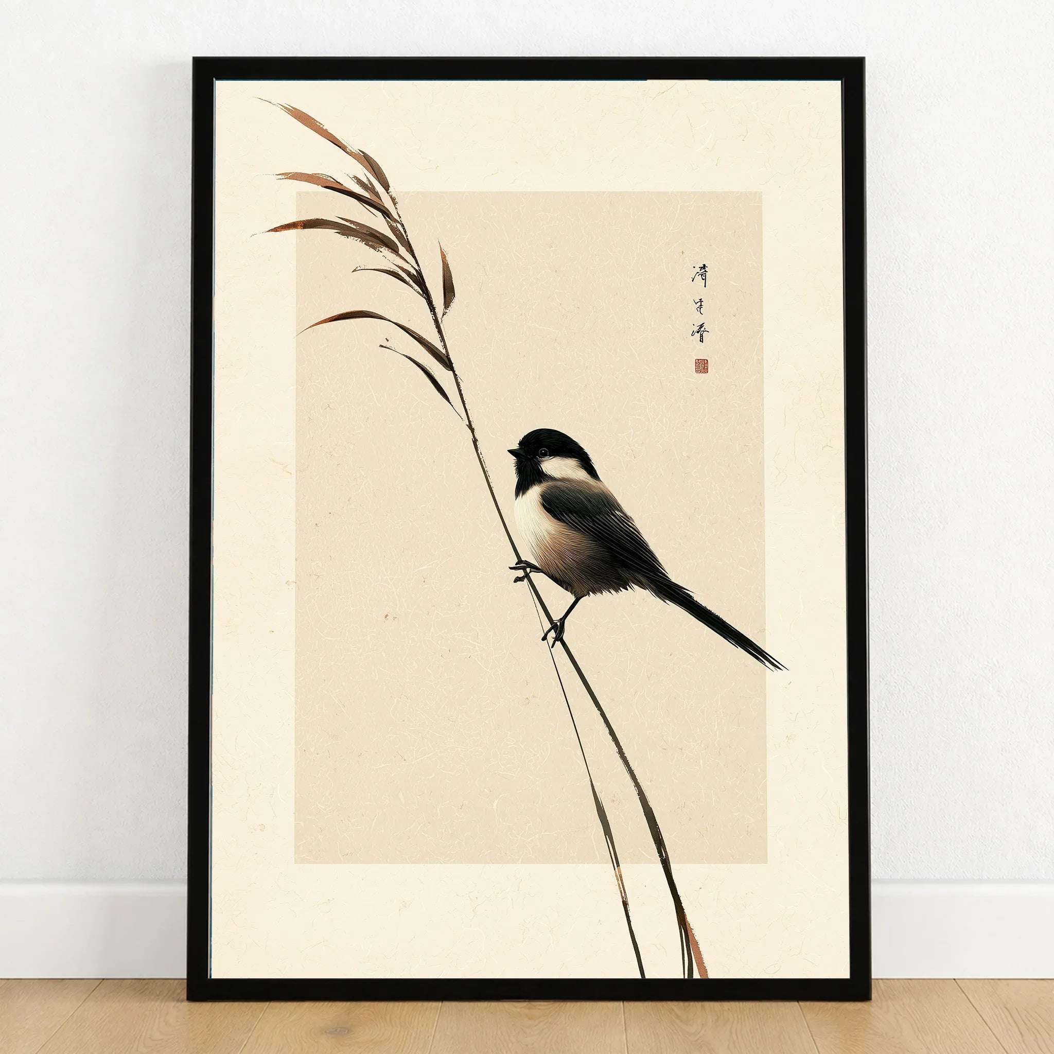 Japanese Bird Art Print – Vintage Botanical Wall Art — art print in black frame on wooden floor