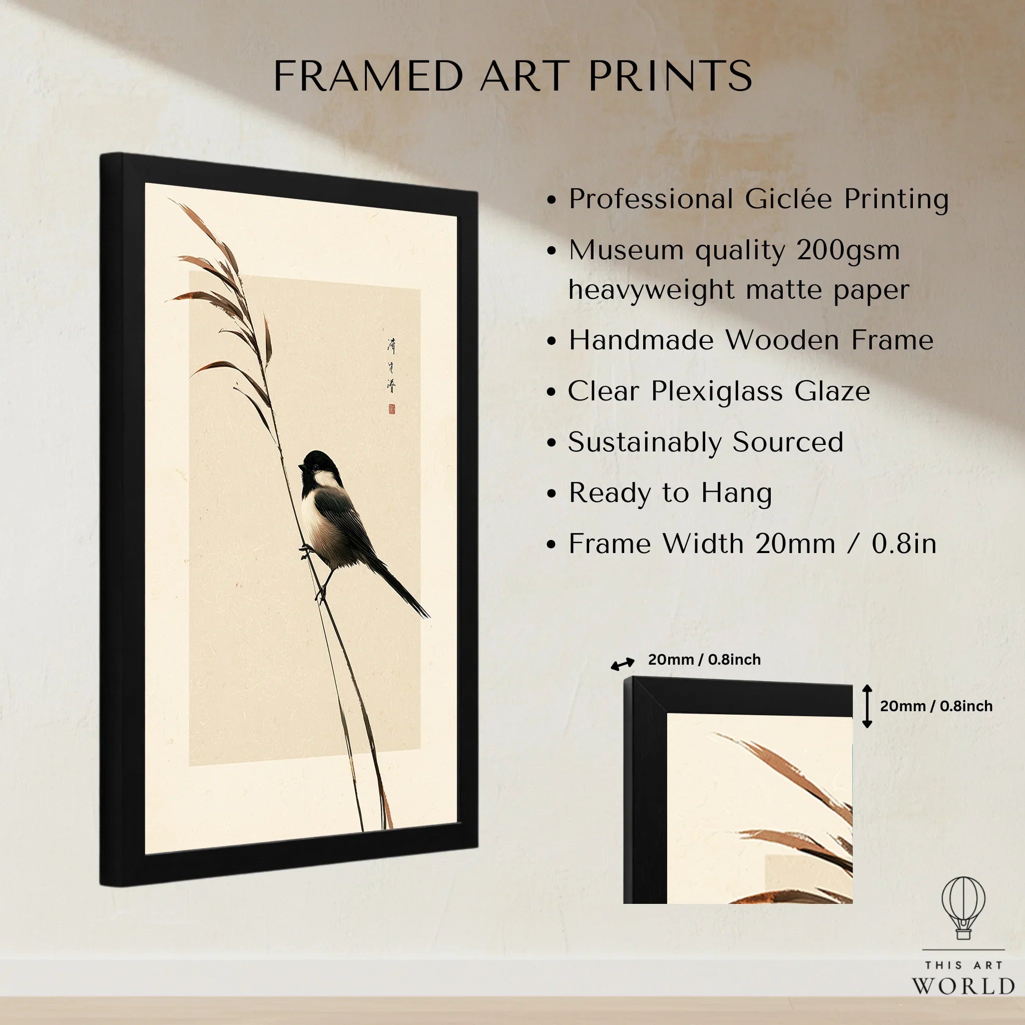 Japanese Bird Art Print – Vintage Botanical Wall Art — framed print details measurements quality details
