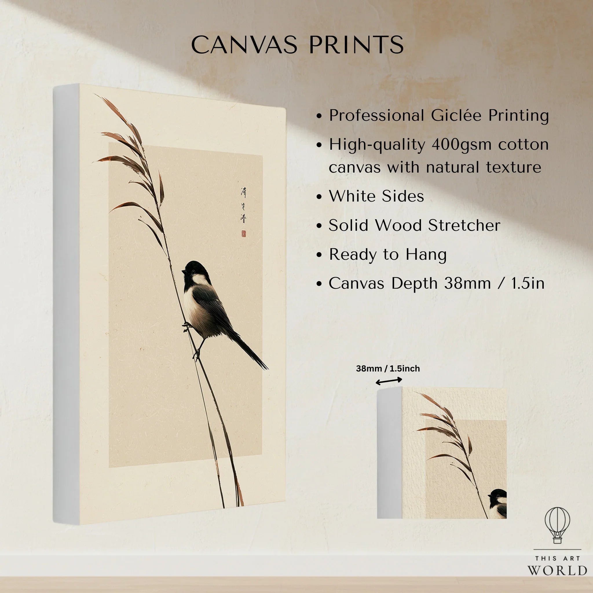 Japanese Bird Art Print – Vintage Botanical Wall Art — canvas print stretched cotton canvas details