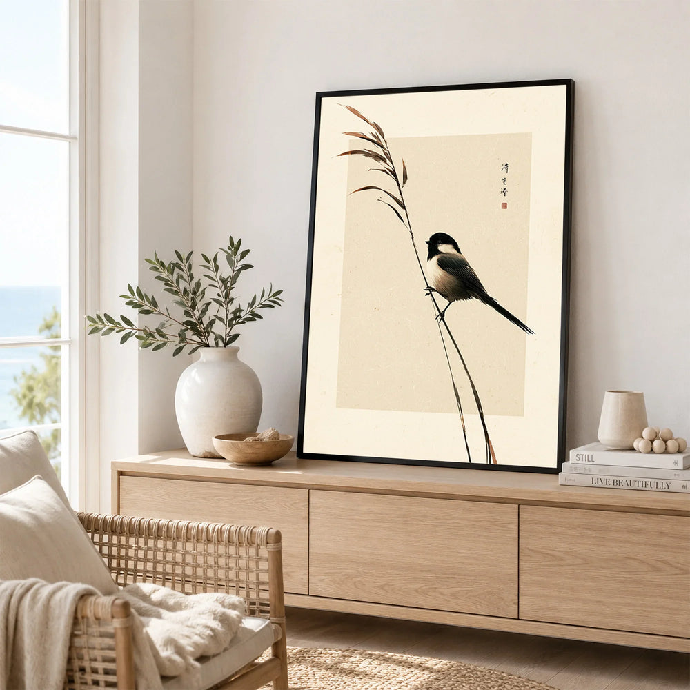 Japanese Bird Art Print – Vintage Botanical Wall Art — framed artwork living room lifestyle setting