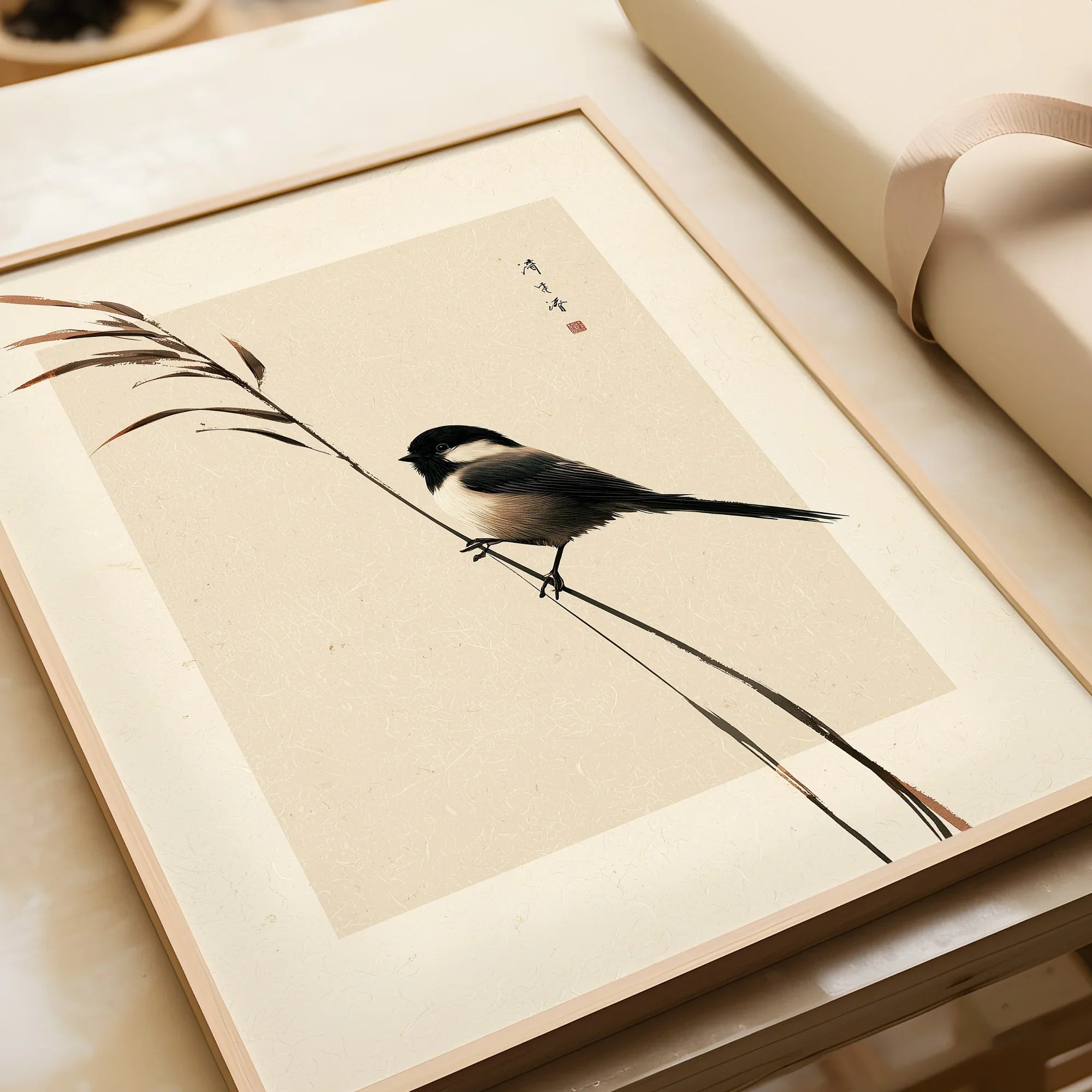 Japanese Bird Art Print – Vintage Botanical Wall Art — framed art print closeup gift unwrapped natural frame