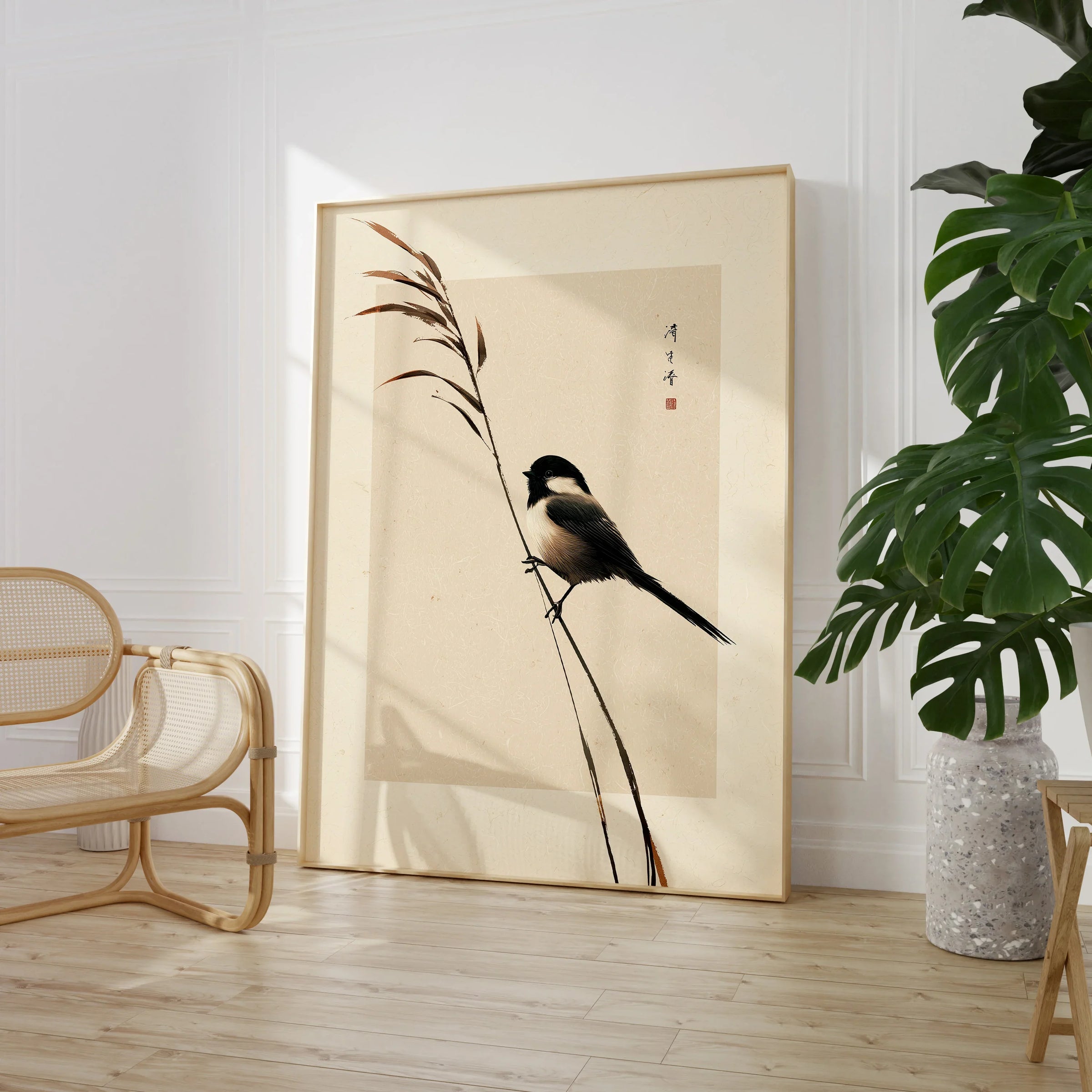 Japanese Bird Art Print – Vintage Botanical Wall Art — large framed print room setting chair plant