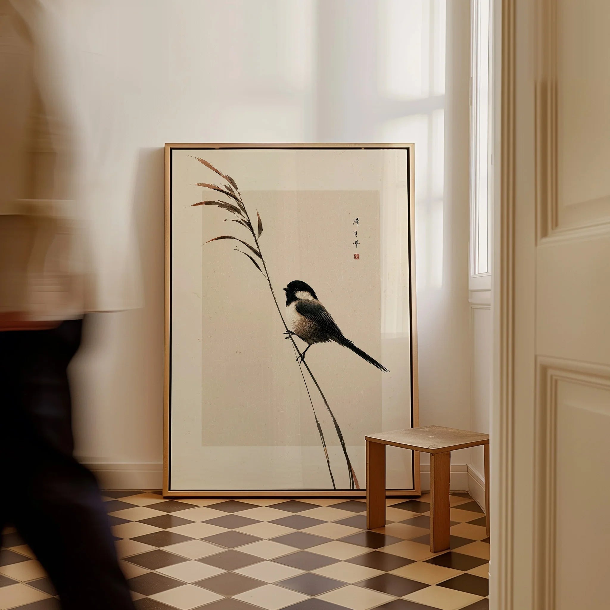 Japanese Bird Art Print – Vintage Botanical Wall Art — framed canvas on floor man walking past