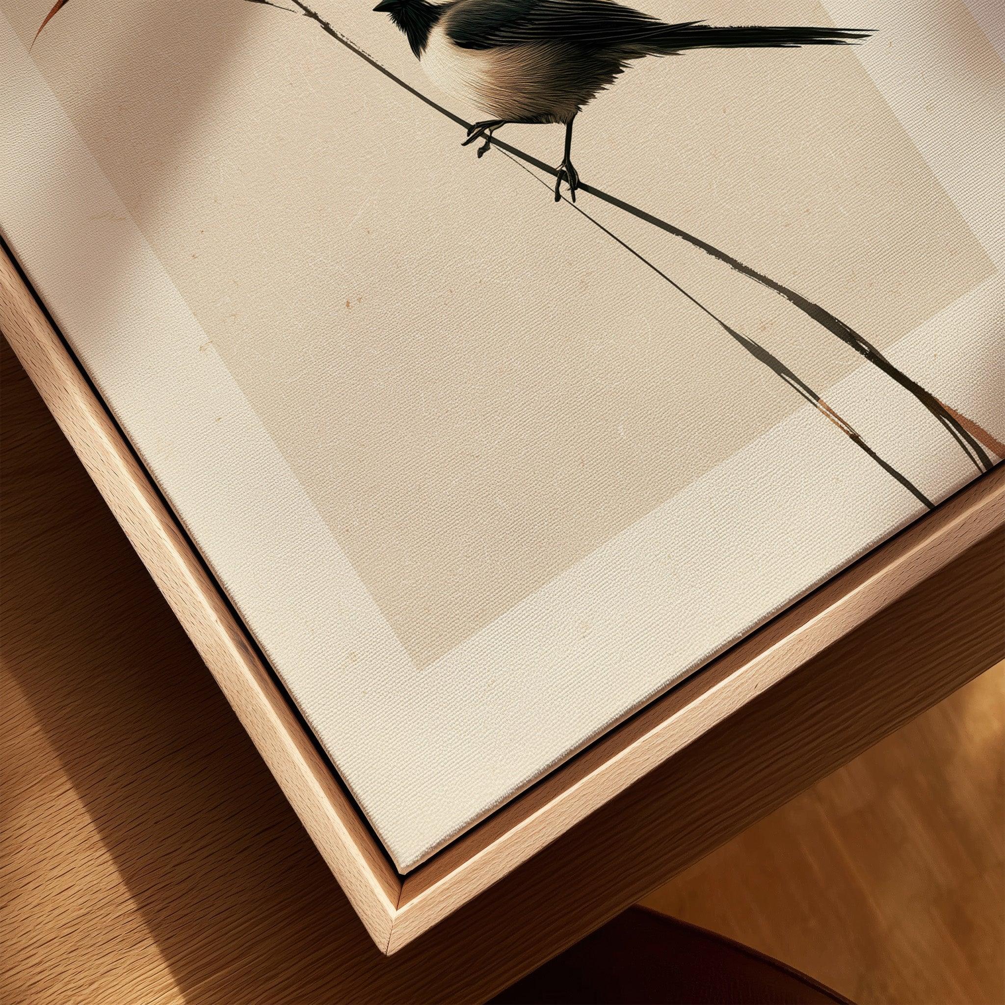 Japanese Bird Art Print – Vintage Botanical Wall Art — closeup framed canvas natural wood floating frame
