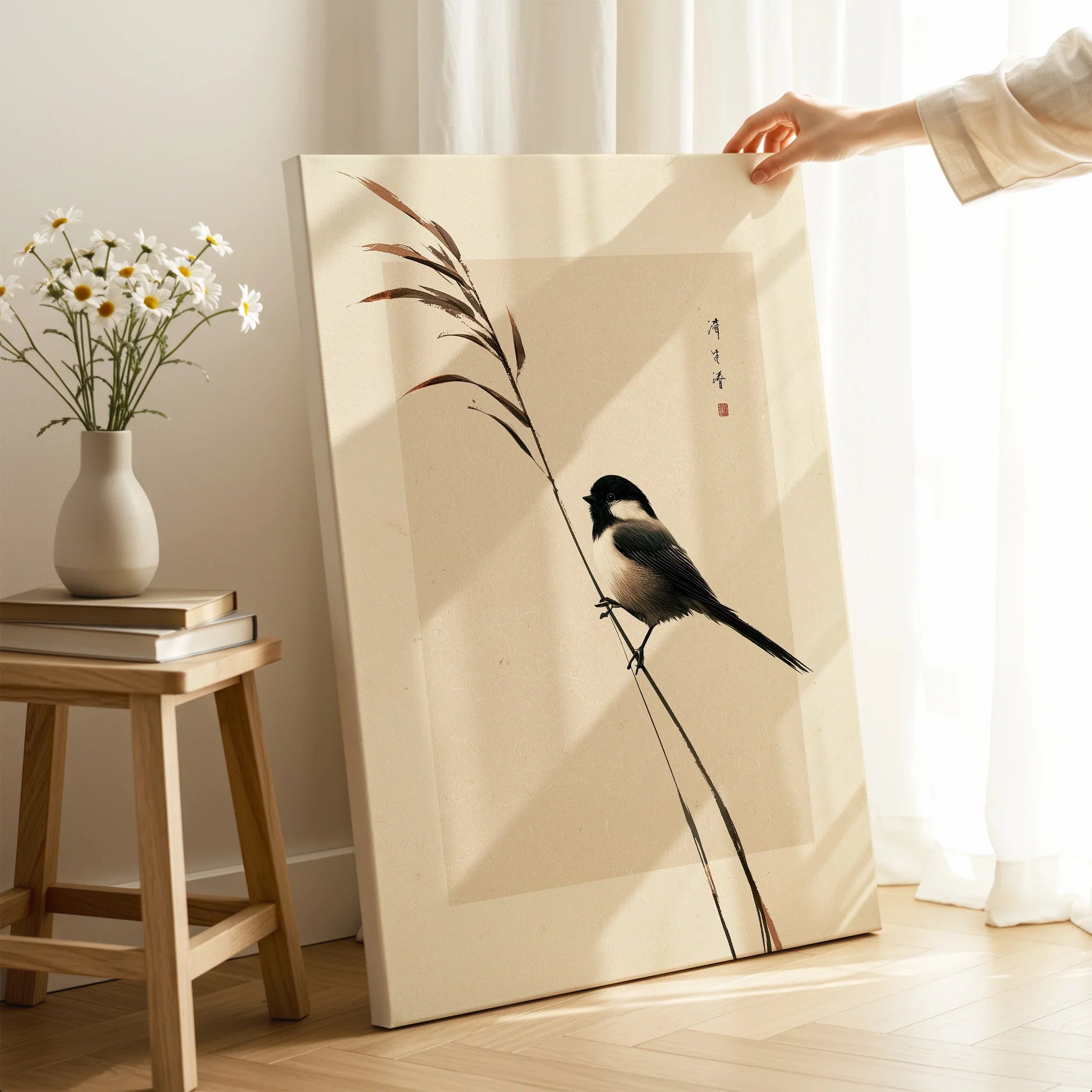Japanese Bird Art Print – Vintage Botanical Wall Art — canvas print mirror edge hand holding room setting