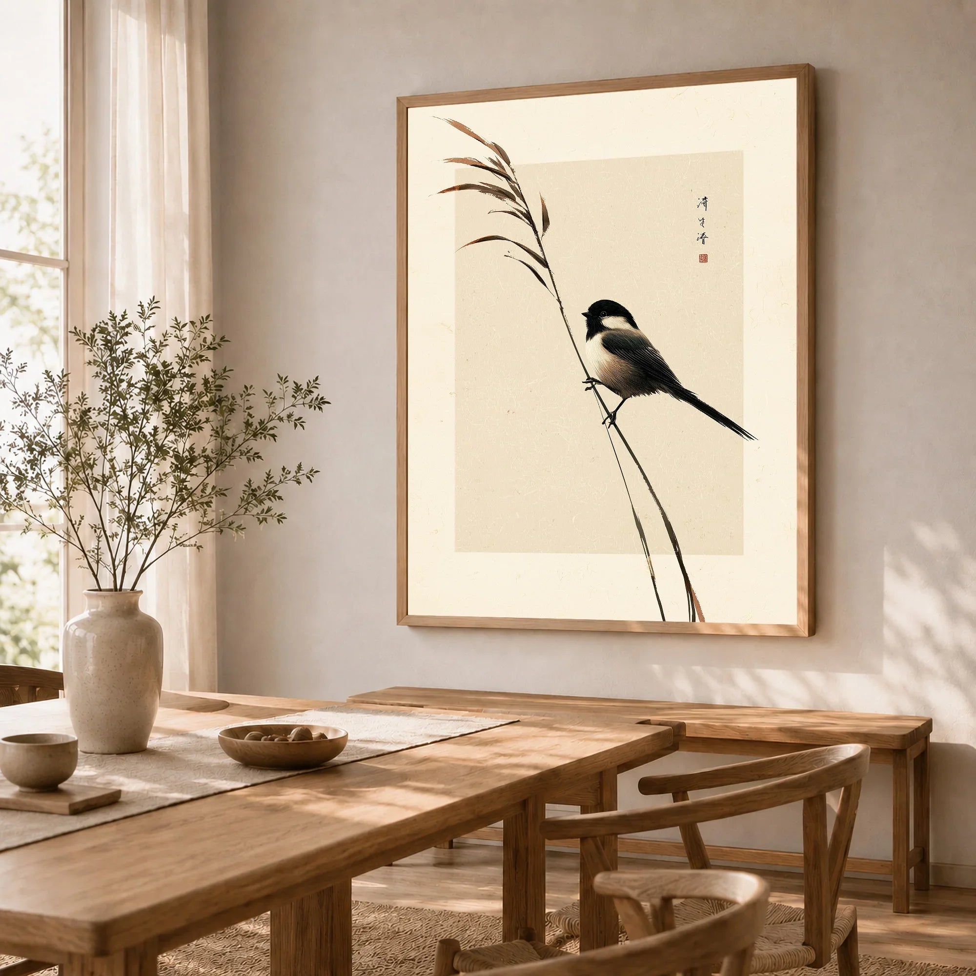 Japanese Bird Art Print – Vintage Botanical Wall Art — dining room framed print natural wood frame