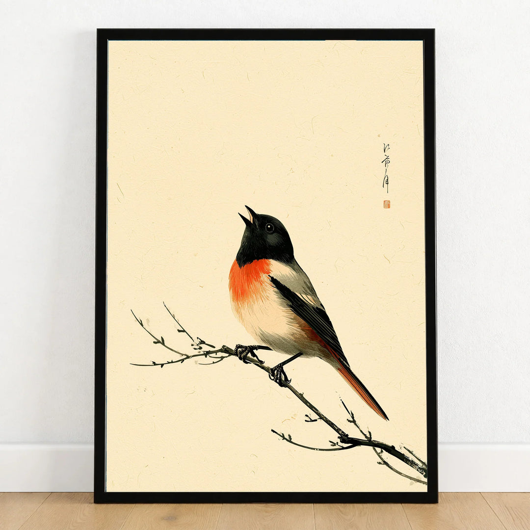 Japanese Bird Wall Art – Vintage Woodblock Style Print — art print in black frame on wooden floor