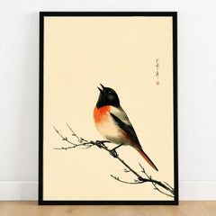 Japanese Bird Wall Art – Vintage Woodblock Style Print — art print in black frame on wooden floor