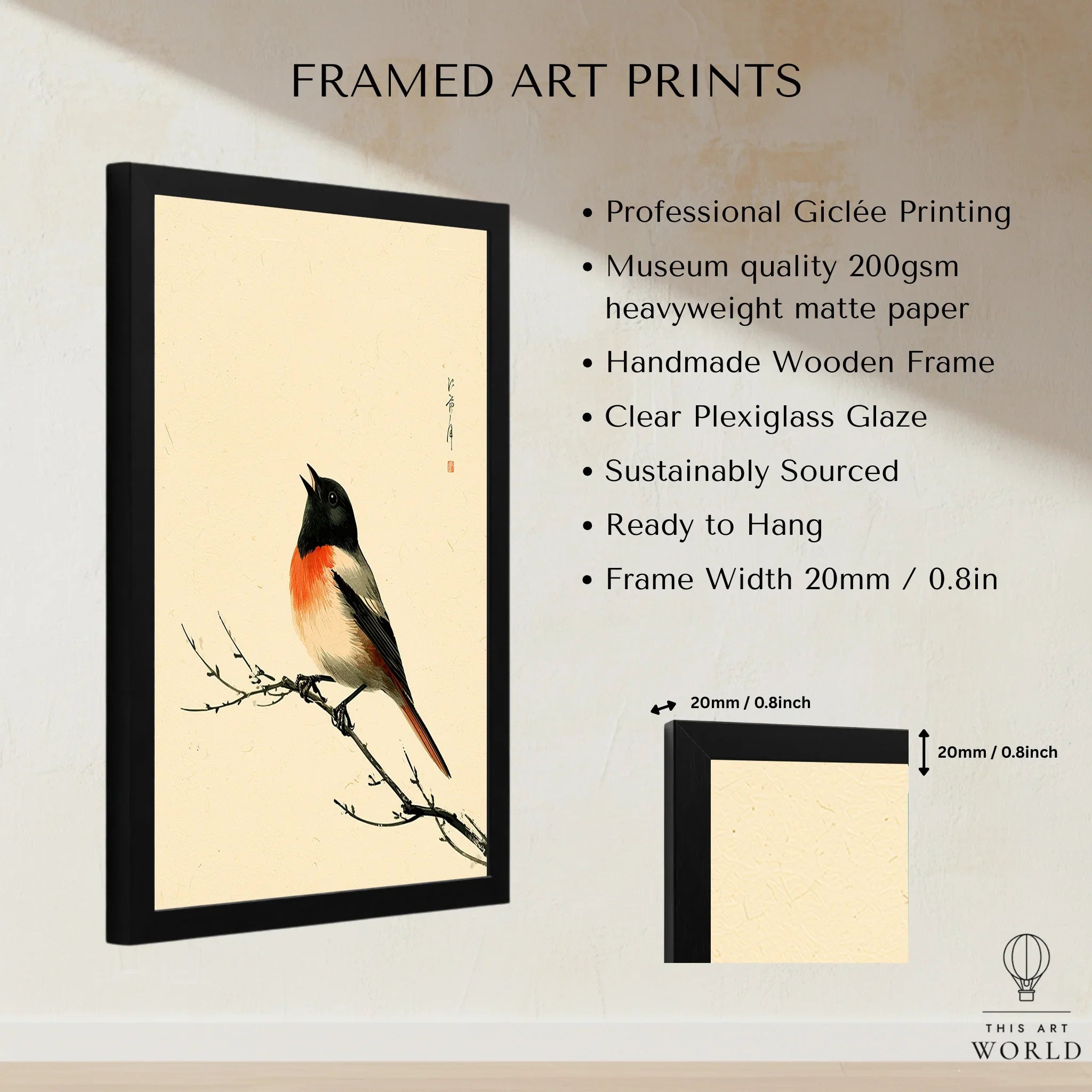 Japanese Bird Wall Art – Vintage Woodblock Style Print — framed print details measurements quality details