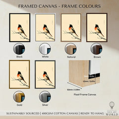 Japanese Bird Wall Art – Vintage Woodblock Style Print — framed canvas float frame colour options