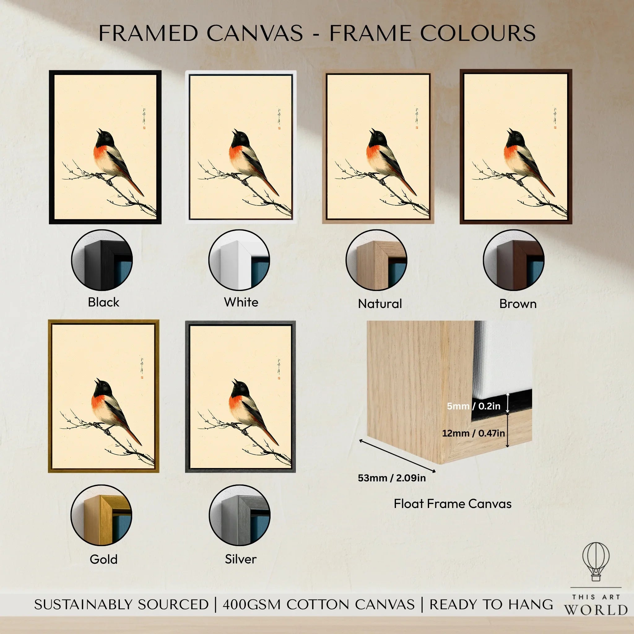 Japanese Bird Wall Art – Vintage Woodblock Style Print — framed canvas float frame colour options