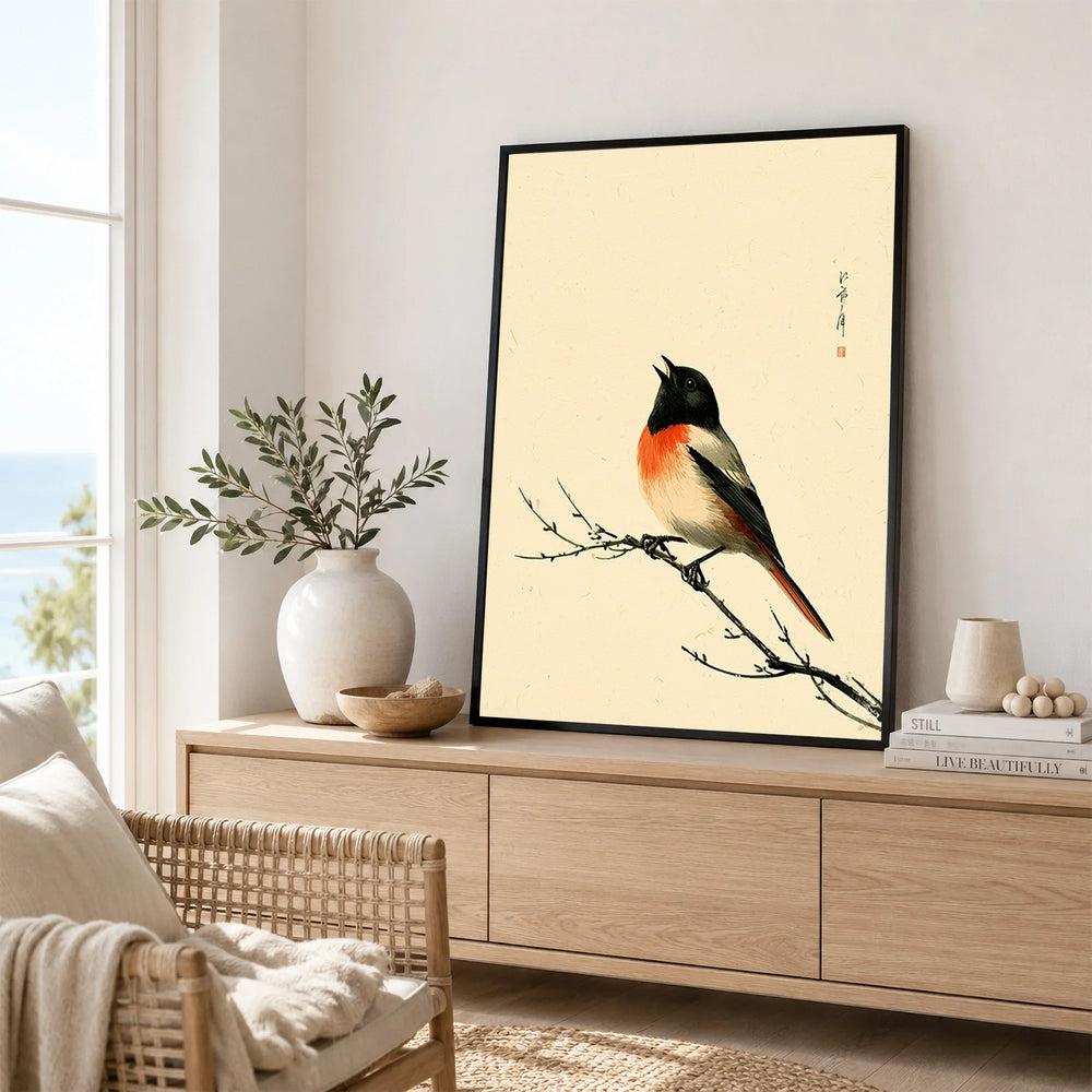 Japanese Bird Wall Art – Vintage Woodblock Style Print — framed artwork living room lifestyle setting