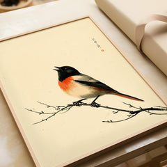 Japanese Bird Wall Art – Vintage Woodblock Style Print — framed art print closeup gift unwrapped natural frame