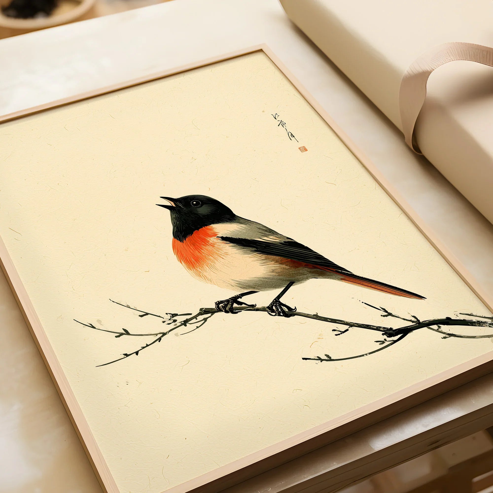 Japanese Bird Wall Art – Vintage Woodblock Style Print — framed art print closeup gift unwrapped natural frame
