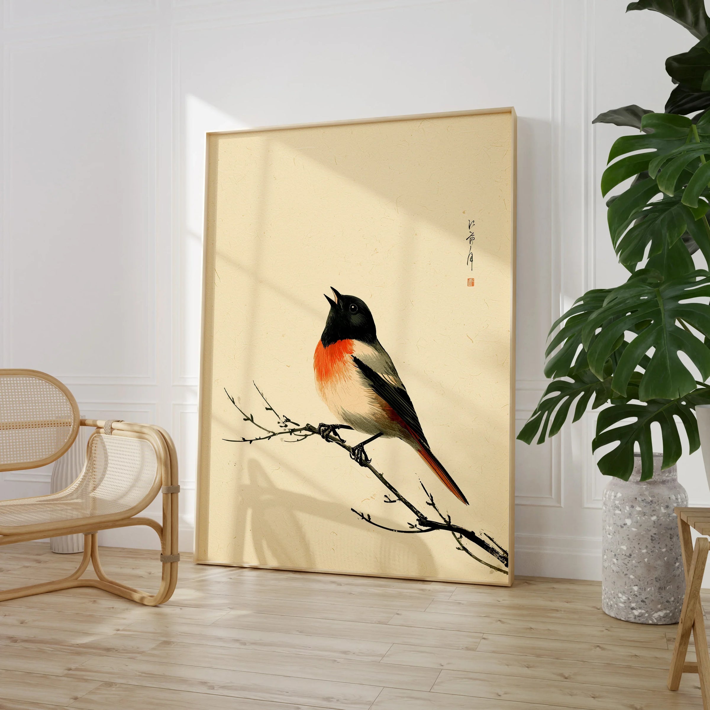 Japanese Bird Wall Art – Vintage Woodblock Style Print — large framed print room setting chair plant