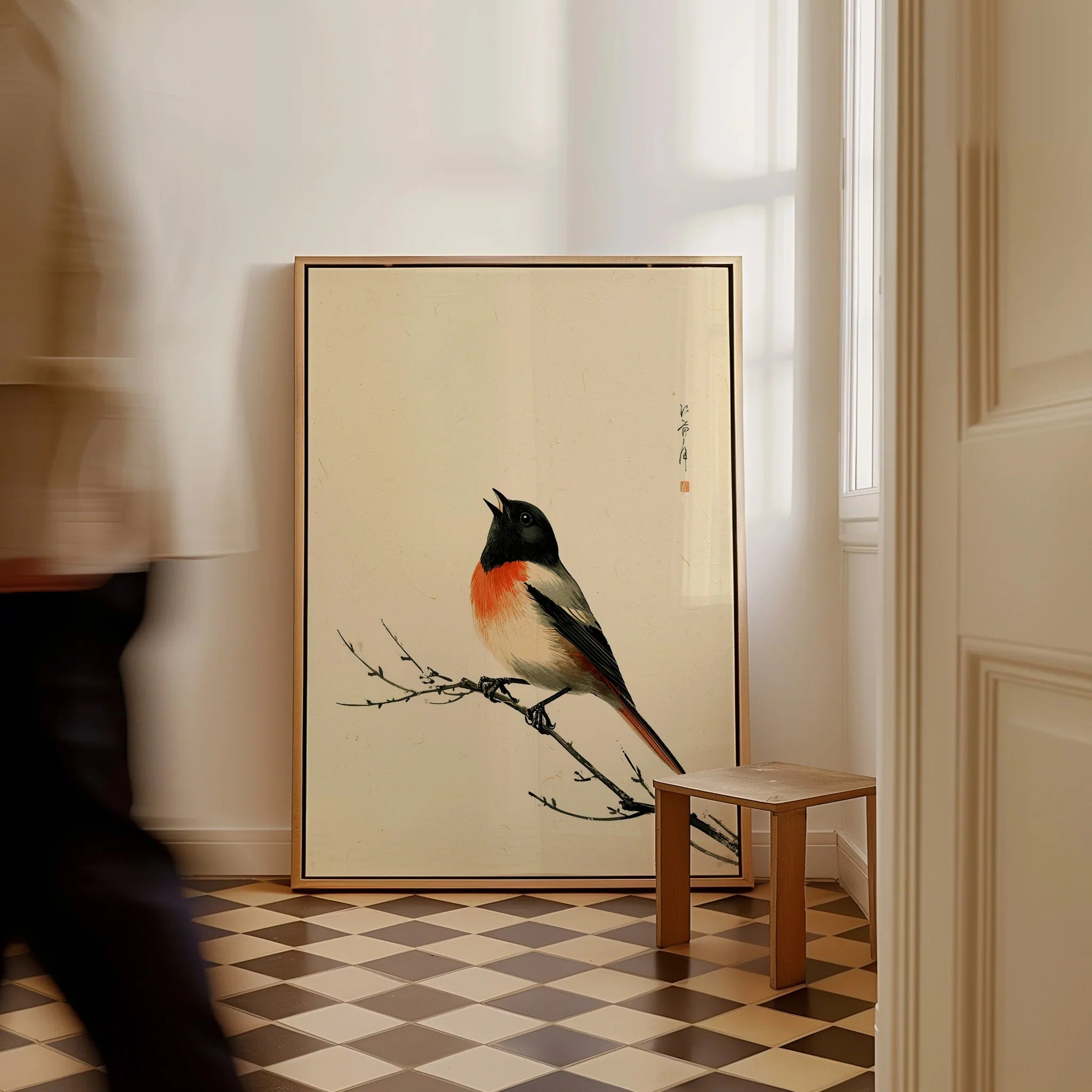 Japanese Bird Wall Art – Vintage Woodblock Style Print — framed canvas on floor man walking past