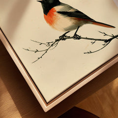 Japanese Bird Wall Art – Vintage Woodblock Style Print — closeup framed canvas natural wood floating frame