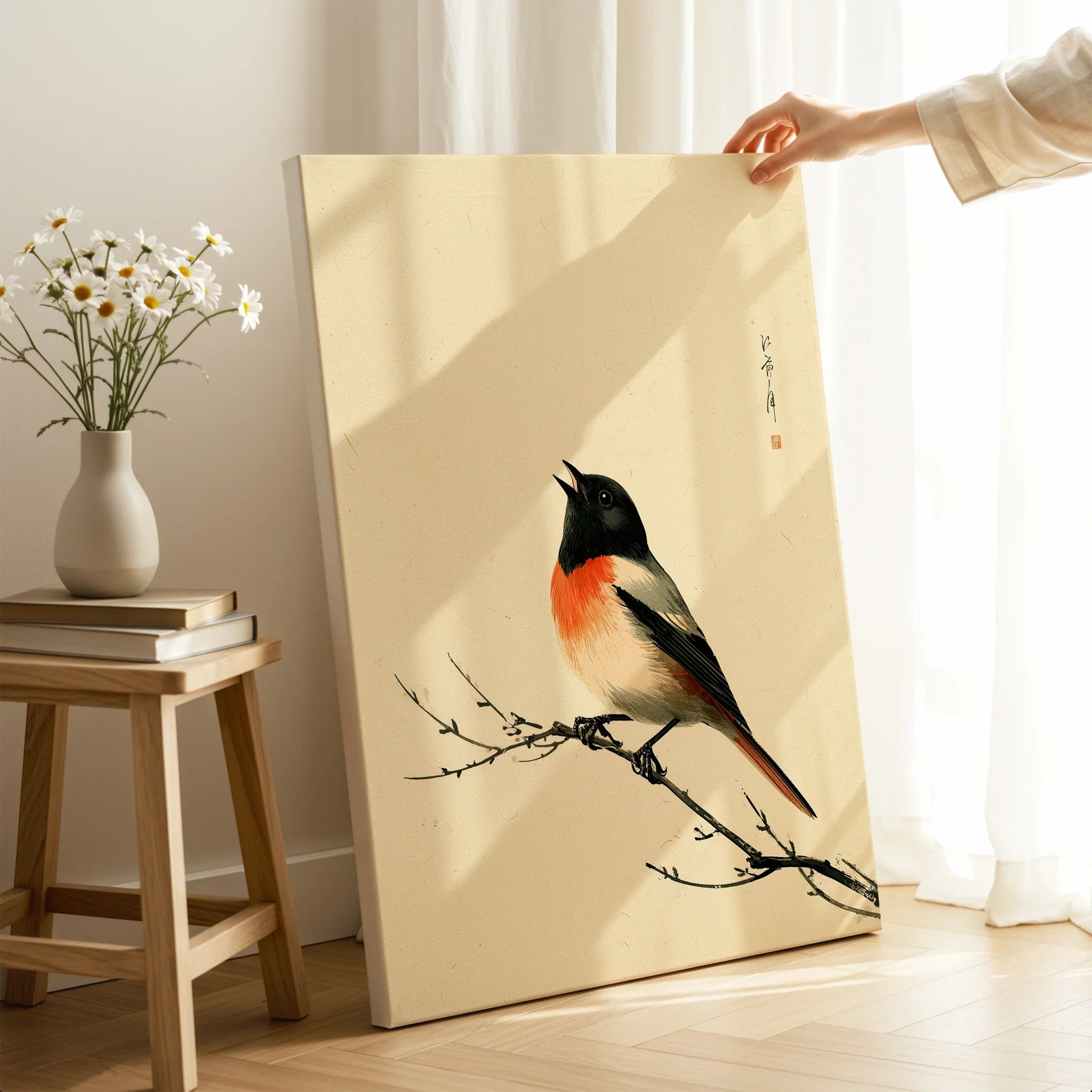 Japanese Bird Wall Art – Vintage Woodblock Style Print — canvas print mirror edge hand holding room setting