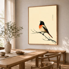 Japanese Bird Wall Art – Vintage Woodblock Style Print — dining room framed print natural wood frame