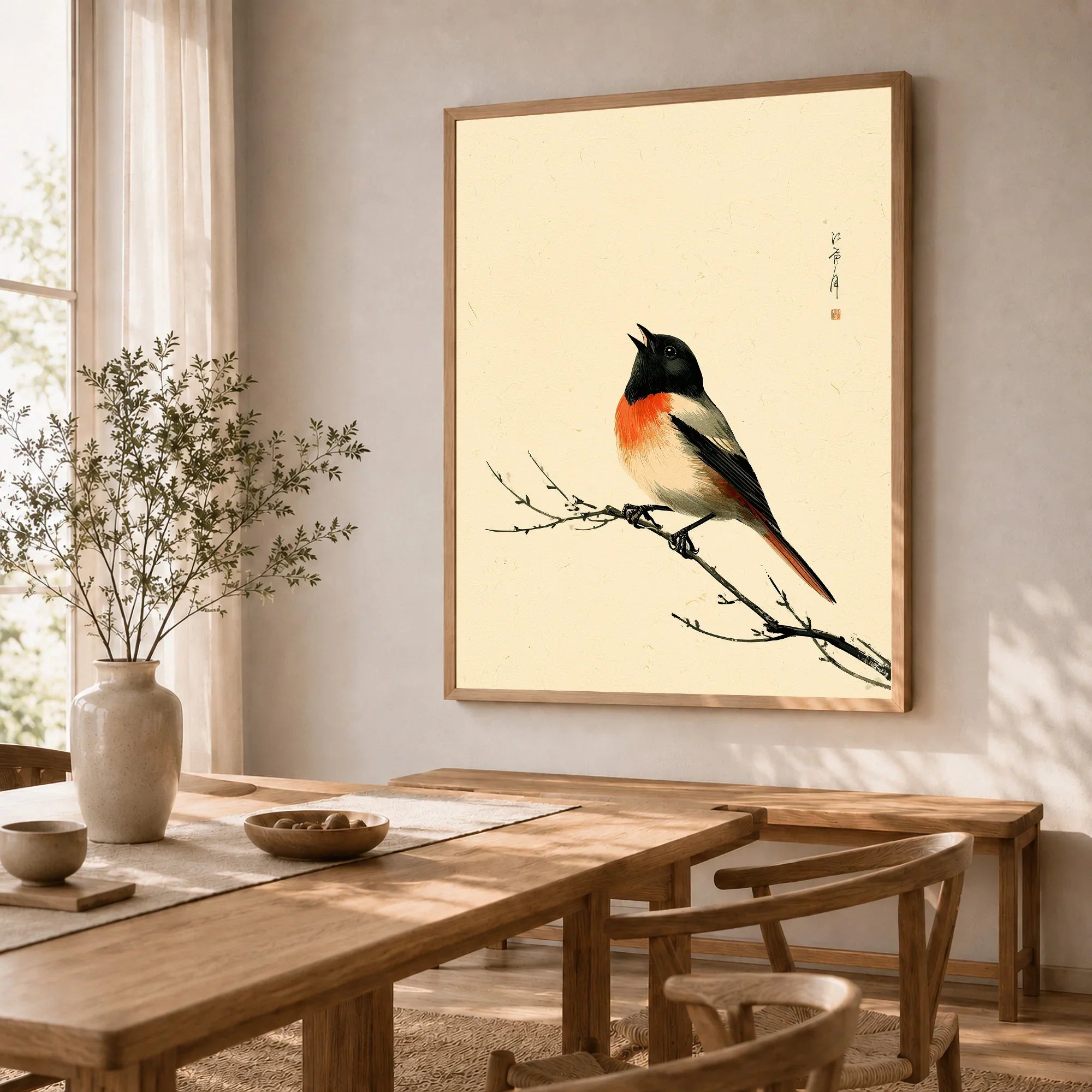Japanese Bird Wall Art – Vintage Woodblock Style Print — dining room framed print natural wood frame