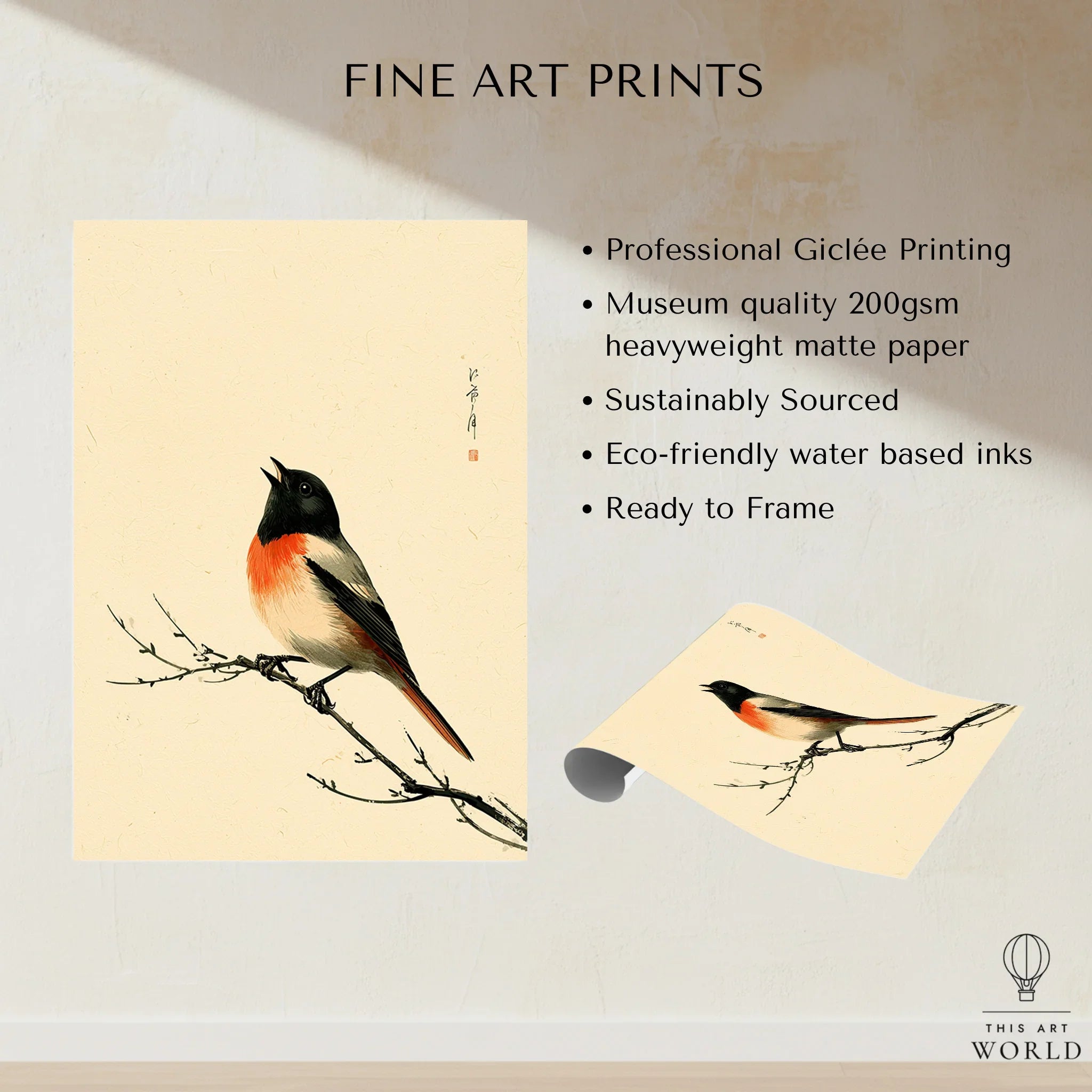 Japanese Bird Wall Art – Vintage Woodblock Style Print — fine art print unframed quality details