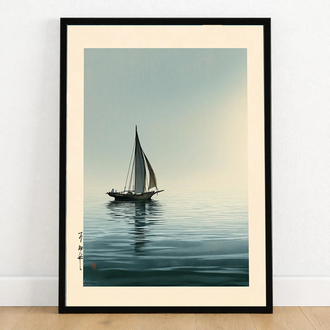 Japanese Seascape Art Print – Vintage Sailing Boat Wall Art — art print in black frame on wooden floor