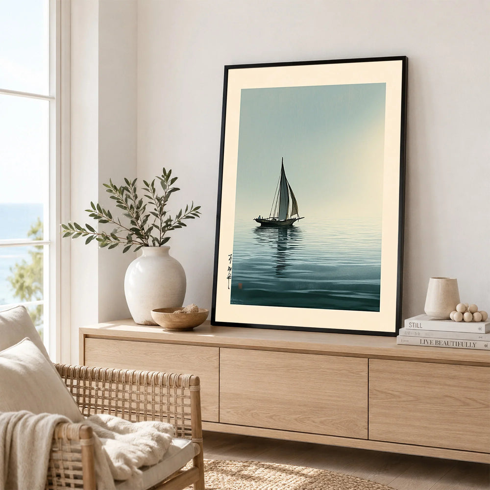 Japanese Seascape Art Print – Vintage Sailing Boat Wall Art — framed artwork living room lifestyle setting