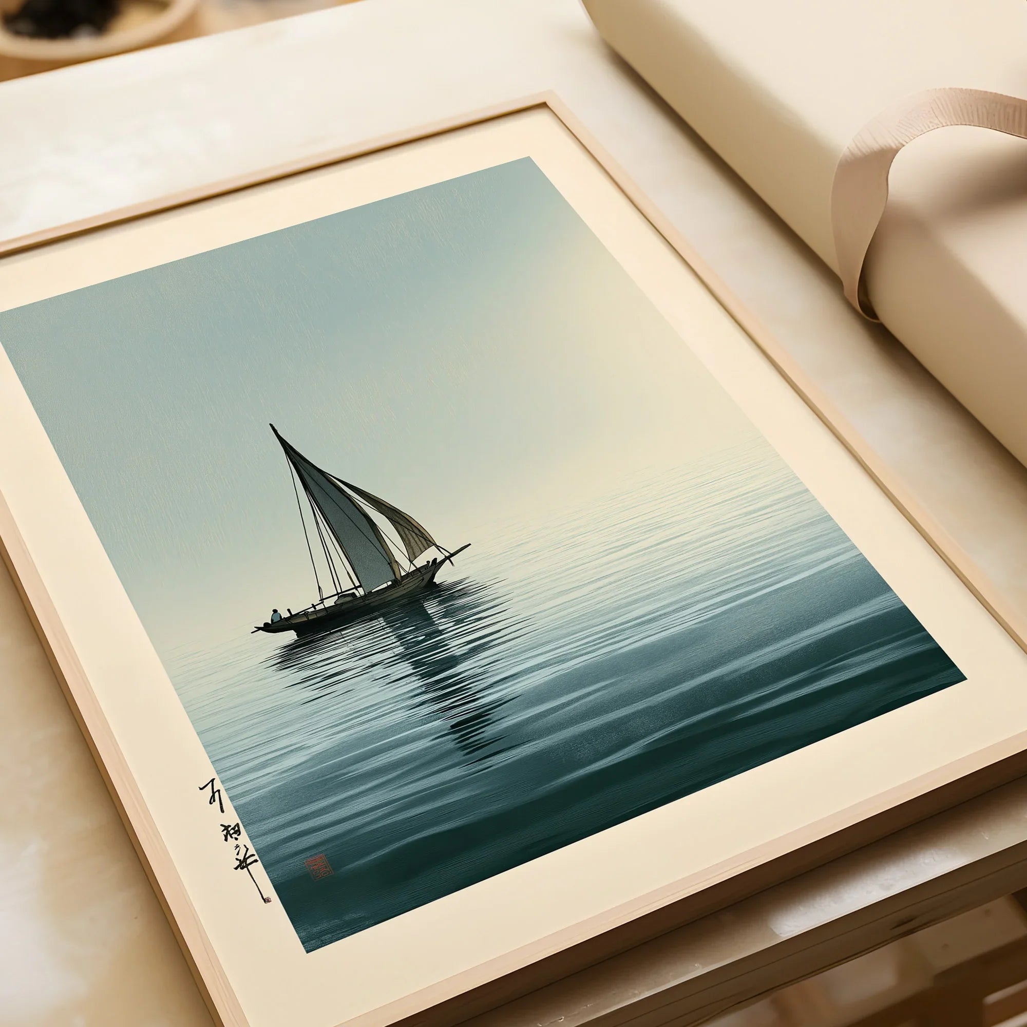 Japanese Seascape Art Print – Vintage Sailing Boat Wall Art — framed art print closeup gift unwrapped natural frame