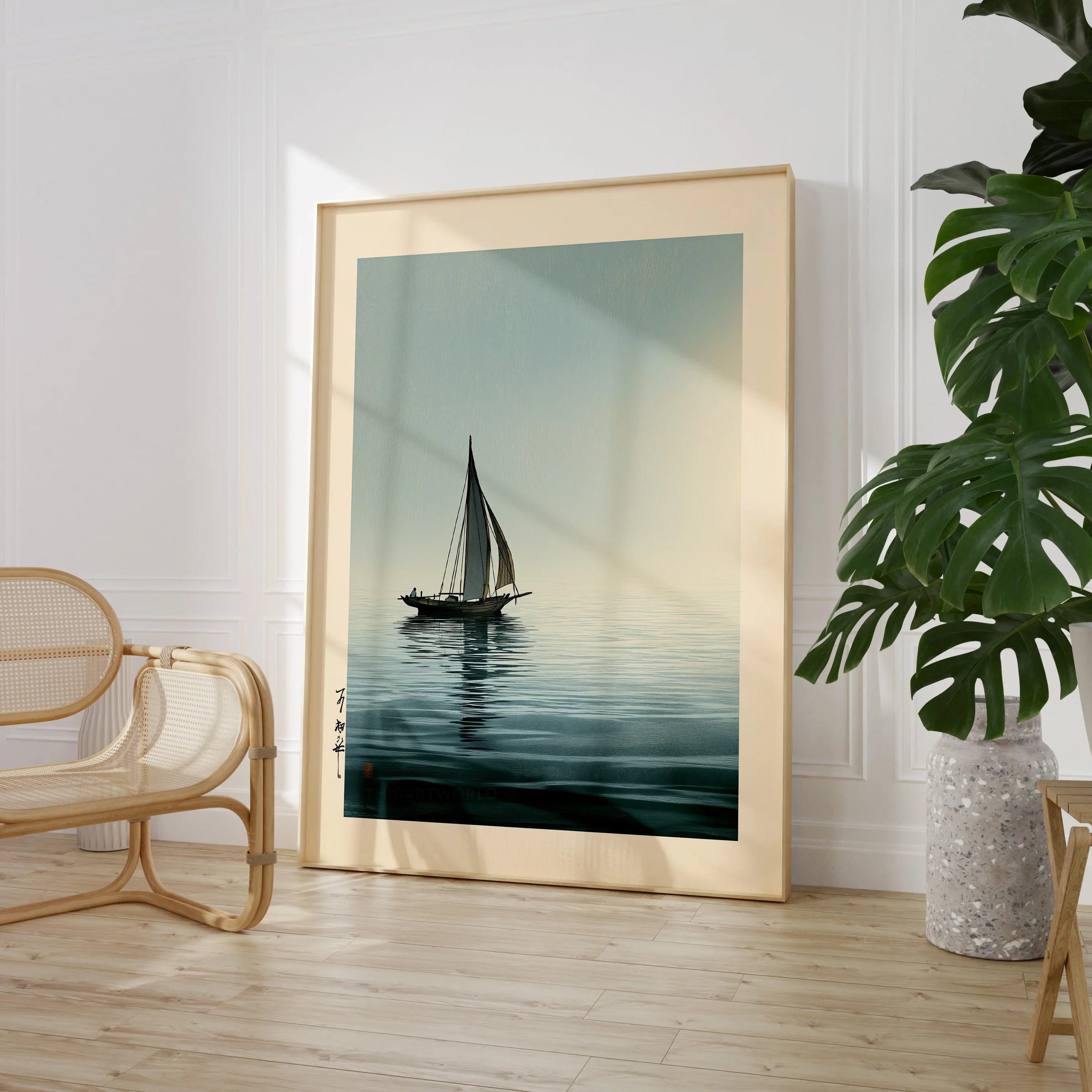Japanese Seascape Art Print – Vintage Sailing Boat Wall Art — large framed print room setting chair plant
