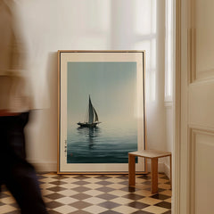Japanese Seascape Art Print – Vintage Sailing Boat Wall Art — framed canvas on floor man walking past