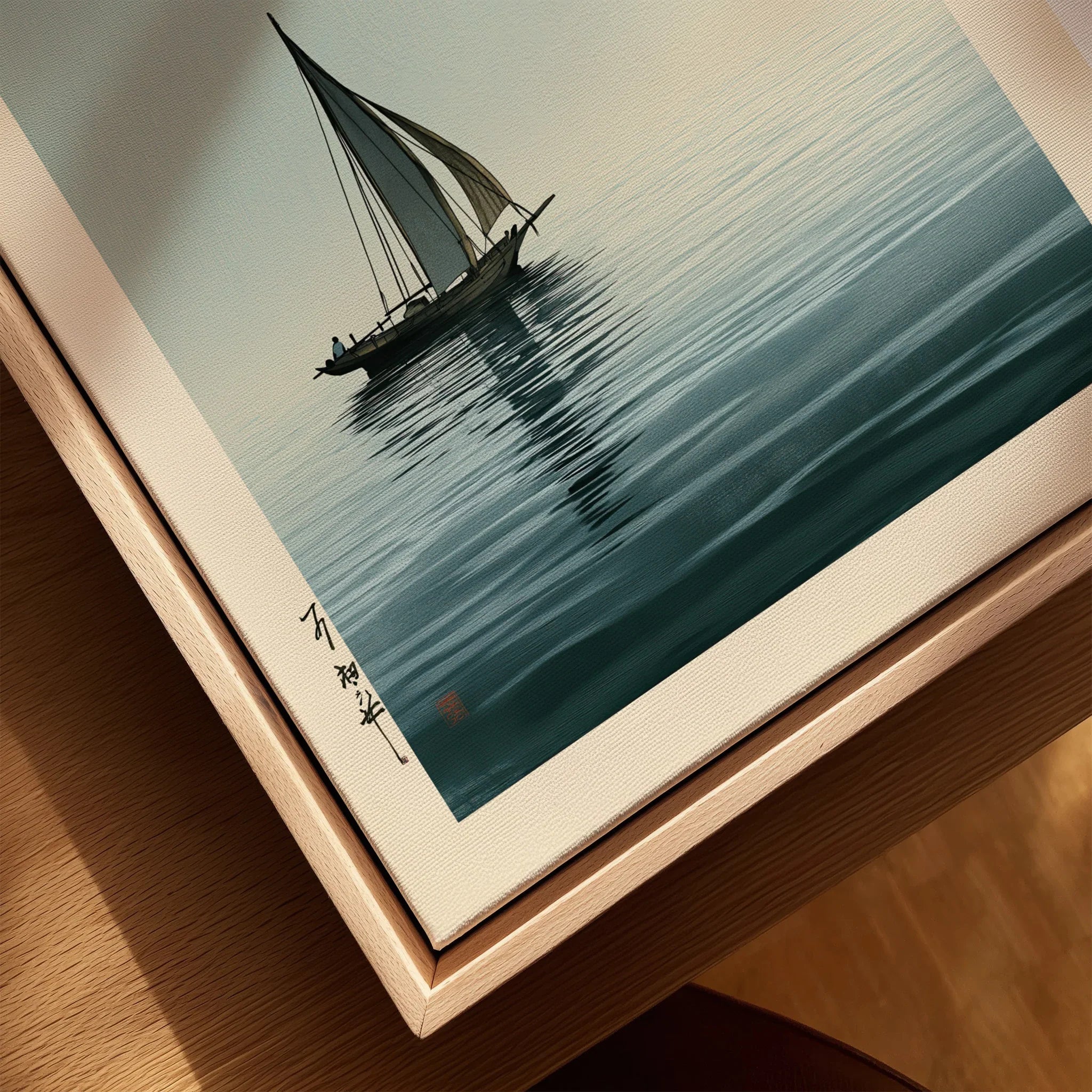 Japanese Seascape Art Print – Vintage Sailing Boat Wall Art — closeup framed canvas natural wood floating frame