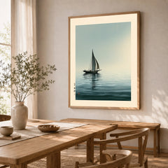 Japanese Seascape Art Print – Vintage Sailing Boat Wall Art — dining room framed print natural wood frame