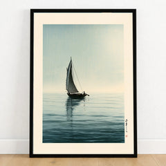 Japanese Coastal Art Print – Vintage Seascape Wall Art — art print in black frame on wooden floor