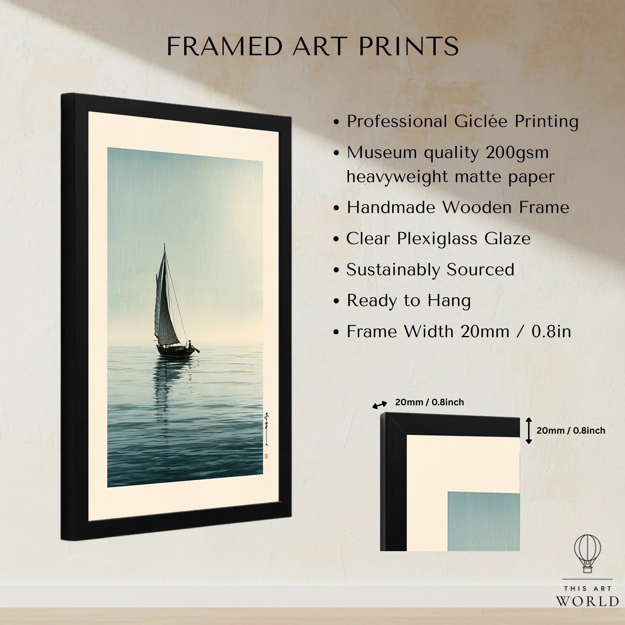 Japanese Coastal Art Print – Vintage Seascape Wall Art — framed print details measurements quality details