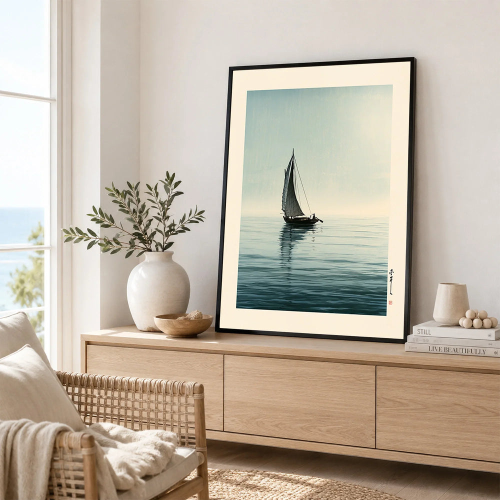 Japanese Coastal Art Print – Vintage Seascape Wall Art — framed artwork living room lifestyle setting