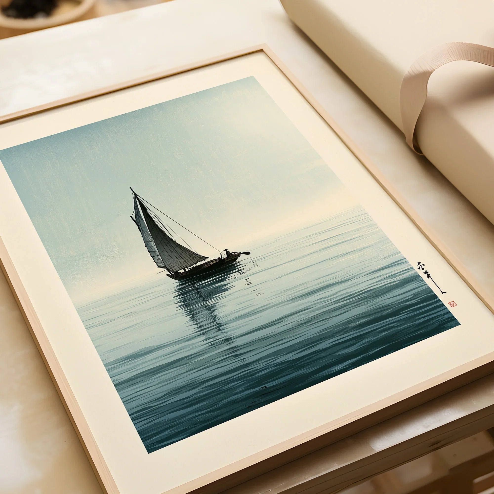 Japanese Coastal Art Print – Vintage Seascape Wall Art — framed art print closeup gift unwrapped natural frame