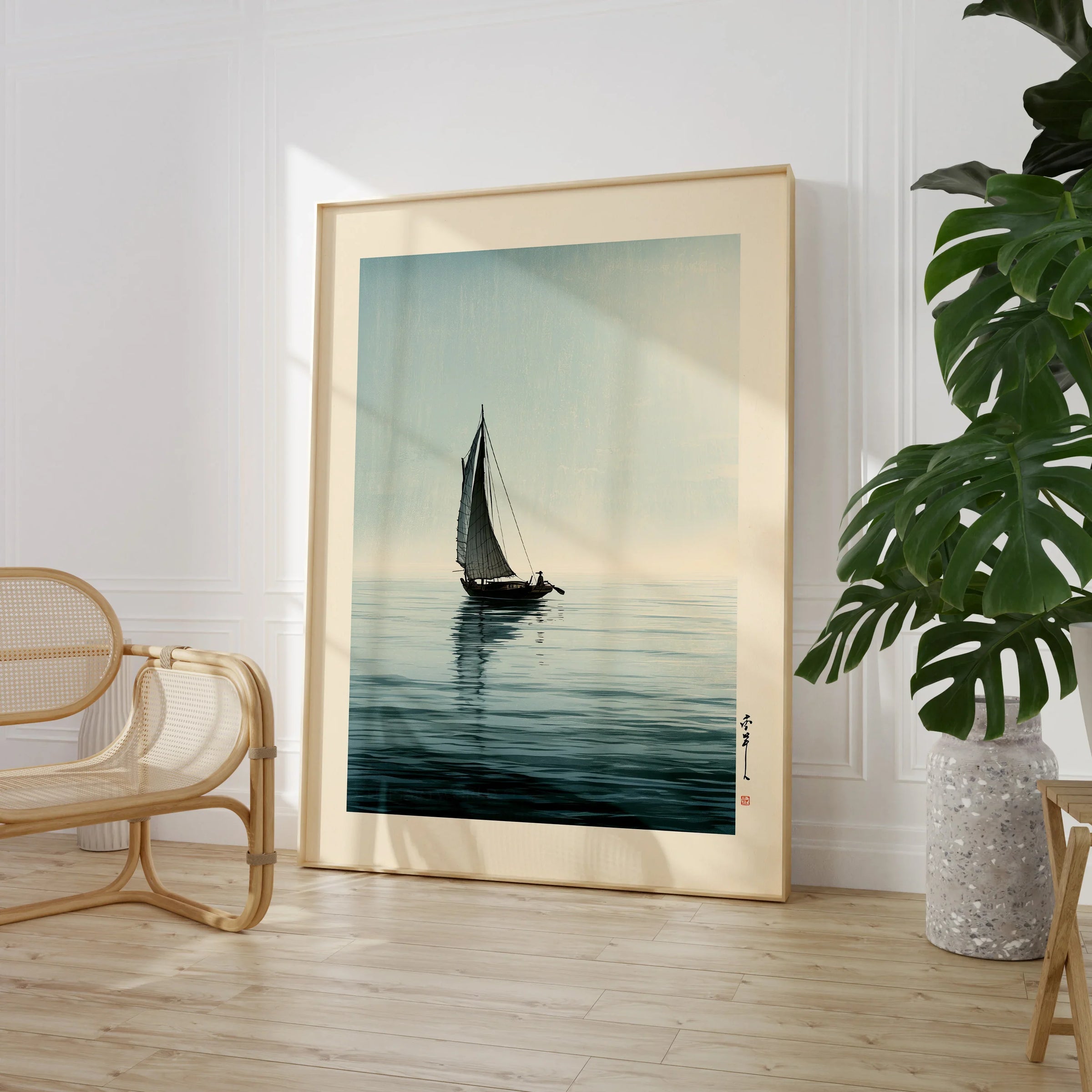 Japanese Coastal Art Print – Vintage Seascape Wall Art — large framed print room setting chair plant